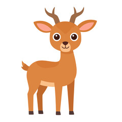 Fototapeta premium Adorable cartoon deer with big eyes and small antlers. A cute, brown fawn character standing with a friendly smile.