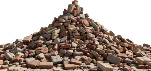 Pile of red and gray building bricks construction materials rubble and debris isolate