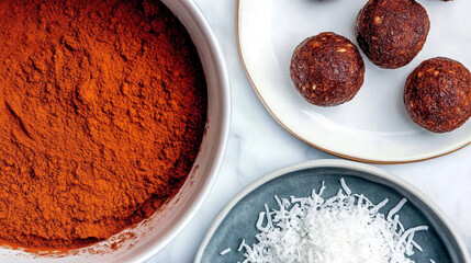 Delicious chocolate energy balls with cocoa powder. Healthy homemade protein snacks ready to eat.