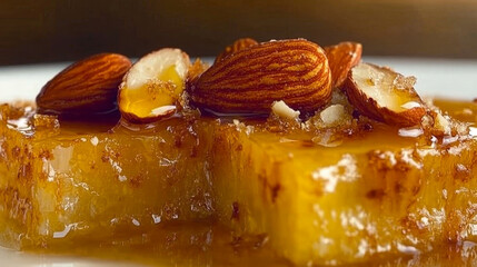 Sweet dessert covered in golden honey. Topped with almonds and brown sugar.
