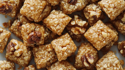 Sweet and crunchy nut brittle squares offer a delicious snack. Golden-brown candied nuts provide a satisfying texture and flavor.