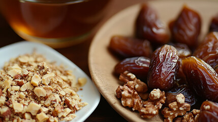 Delicious dried dates and walnuts arranged artfully for a healthy snack. A warm cup of tea accompanies this sweet treat.