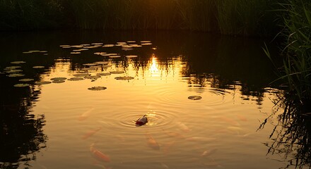 Tranquil pond at sunset with golden reflections, lily pads and koi fish swimming in the gentle waters beneath the setting sun.