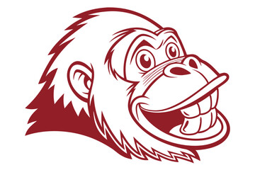 Maroon outline shows cartoon monkey head smiling broadly with large teeth on white background