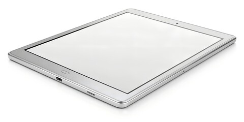 Silver tablet device with blank white screen mockup