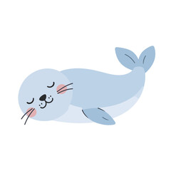 Obraz premium Cute light blue cartoon seal pup resting peacefully with closed eyes and pink cheeks.