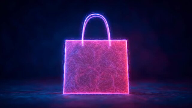 Futuristic vibrant shopping bag with glowing neon handles pink and purple, illuminated geometric patterns, creating neon glowing shopping experience