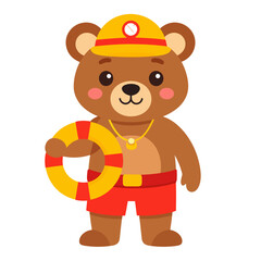 Naklejka premium Cute cartoon bear lifeguard in a yellow hat and red shorts holding a striped lifebuoy.