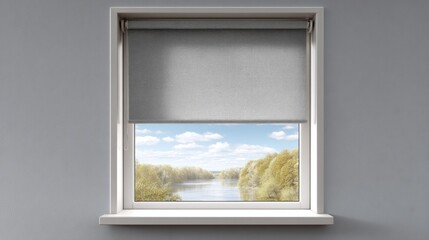 Gray window shade with a view of a river