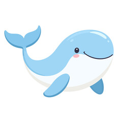 Cute light blue cartoon whale with a happy smile and pink cheeks in a swimming pose.