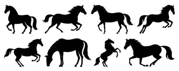 Black Horse Silhouettes in Various Poses on a White Background, Vector Collection Featuring Running, Standing, Rearing, and Walking Horses in Elegant Minimal Style