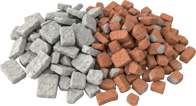 Fototapeta Pile of broken red bricks and grey stone rubble isolate construction debris