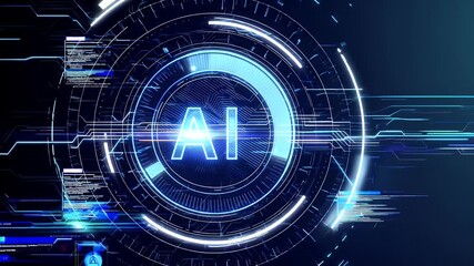 modern digital hud animation featuring glowing blue ai lettering surrounded by rotating futuristic circles and big data icons representing artificial intelligence analytics and advanced chat bot tech - Powered by Adobe