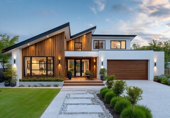 Modern house exterior design with dark brown wood cladding and smooth white walls, front view of the modern single-story two-bedroom home in Australia at night