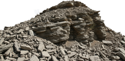 Close up of a rocky cliff face showing layered sedimentary rock formations and loose scree transparent background