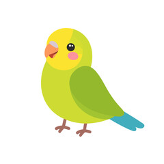 Adorable cartoon budgie with a yellow head, green body, and pink cheeks. A cute, smiling parrot illustration.