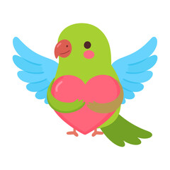Cute cartoon green parrot with blue wings and pink cheeks holding a large pink heart.