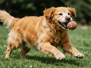 A golden retriever dog running on the grass with an old ball in its mouth, happy and smiling.
