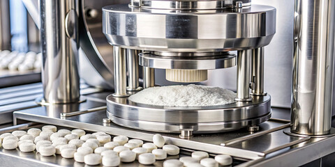 A tablet press machine operates in a manufacturing facility, compressing powdered material into white tablets. The process involves precise pressure application and quality control