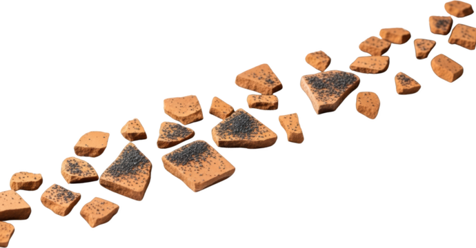 Small Terracotta Shards With Black Particles Scattered Across A Transparent Background Isolate