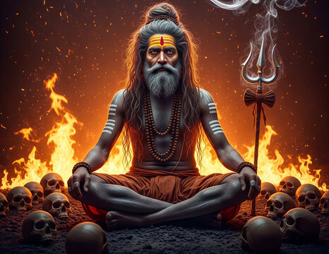 Aghori Sadhu in Fire Ritual with Trishul and Skulls &ndash; Spiritual Ascetic Concept Art.