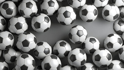 Many Black And White Soccer Balls Scattered On Gray Background