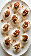 Sweet dates and walnuts sit on creamy ricotta cheese. A delicious, healthy snack.