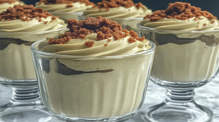 Delicious coffee mousse desserts with crumb topping. Sweet, creamy treats in elegant glass cups.