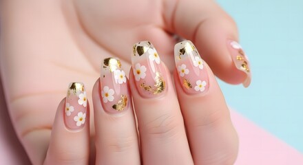 Naklejka premium Chic Floral Nail Art Design with Gold Accents, Featuring Delicate White Petals and a Touch of Elegance