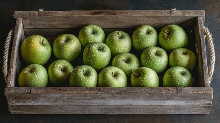 Wooden crate filled with fresh, green apples, water droplets visible. (1)