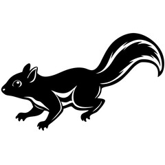 A black silhouette of a skunk with a bushy tail in motion