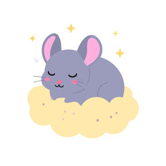 Cute gray cartoon mouse with pink ears sleeping peacefully on a fluffy yellow cloud under sparkling stars.