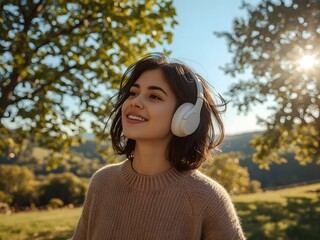 Smiling young woman wearing white over ear headphones enjoying music outdoors in a sunny park with trees
