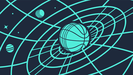 Basketball space time continuum illustration with gravity effect and planets in the universe scene art