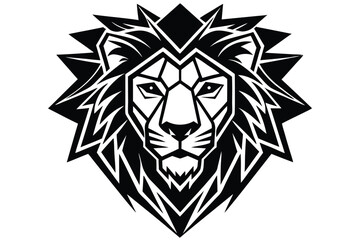 Geometric lion head shows strong symmetrical patterns with a bold black and white contrast