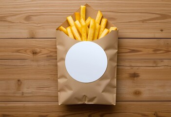 A brown packet of French fries with a blank white circular sticker mockup is attached on it