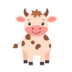 Fototapeta premium Adorable smiling cartoon cow with brown spots, horns, and a tuft of hair.