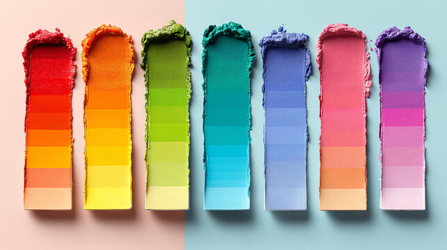 Rainbow of cosmetic swatches with textured makeup smudges on contrasting backdrop. Beauty product color palette for inspiration.
