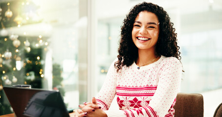 Office, portrait or woman with smile, Christmas or confident for work on festive season or...