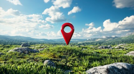 Red location pin marker in scenic mountainous landscape.