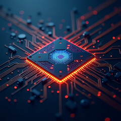 High-tech futuristic silicon microchip with glowing circuitry on dark matte background, designed for advanced AI and crypto applications
