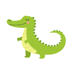 Fototapeta premium Adorable green cartoon crocodile character with a friendly smile, closed eyes, and a spiky back.