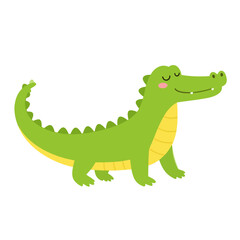 Obraz premium Cute smiling green crocodile with a yellow belly and spiky back, standing with a curved tail.