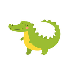Fototapeta premium Cute green cartoon alligator with a yellow belly, smiling with closed eyes and a blushing cheek.