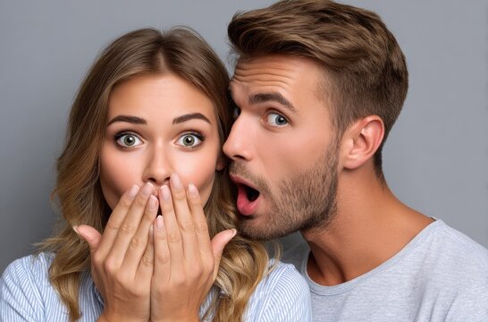 A young man whispering into a woman's ear, with a surprised girl covering her mouth with her hands, in a kitchen at home - Powered by Adobe
