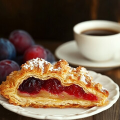 Delicious plum strudel slice served with coffee. Powdered sugar and plums create delightful breakfast scene.