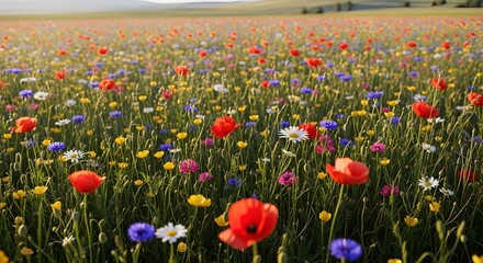 Vibrant wildflower meadow bursting with colorful blooms including red poppies, yellow buttercups, blue cornflowers, white daisies, and lush green stems under soft natural light.