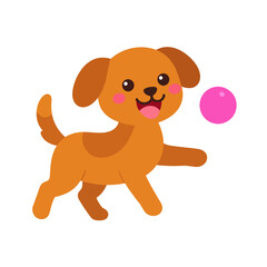 Adorable brown cartoon puppy with floppy ears and rosy cheeks happily playing with a pink ball.