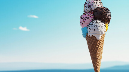 Delicious ice cream cone with multiple scoops and sprinkles. Perfect for a sweet summer treat on a sunny day.