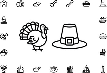Fototapeta premium Thanksgiving Turkey and Pilgrim Hat Icon Set on Transparent Background